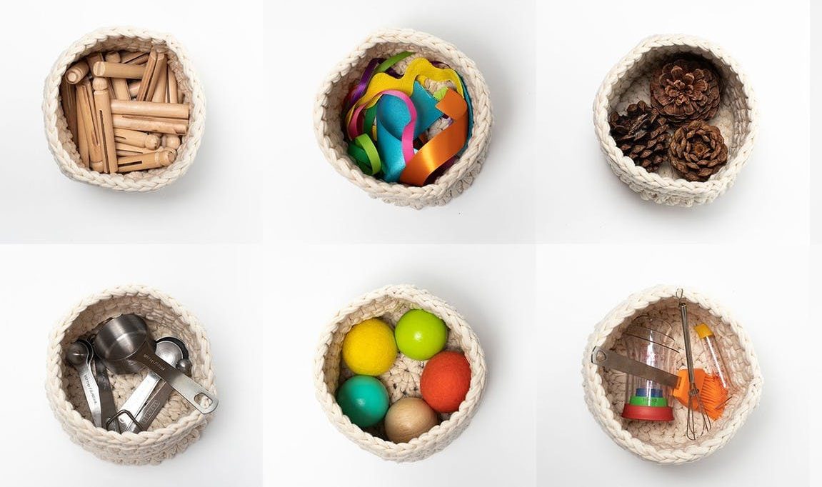 6 baskets filled with various items