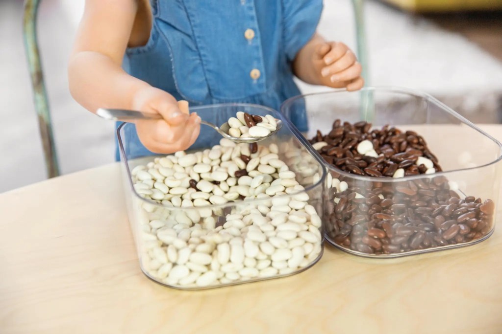 Child moving beans from one container to another